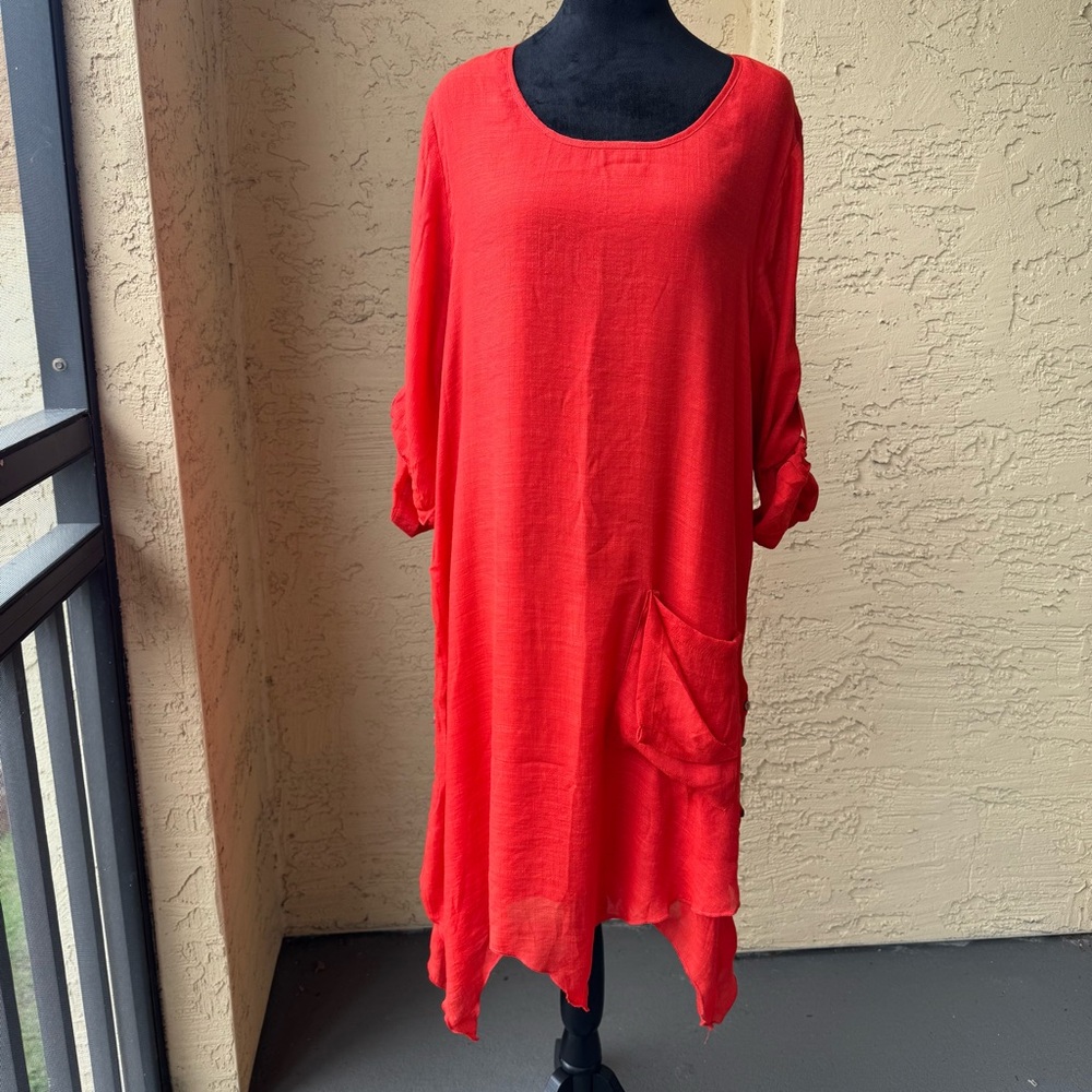 Alison Sheri Poppy Midi Asymmetric Hem Dress Sz L Roll Tab Sleeve Pocket